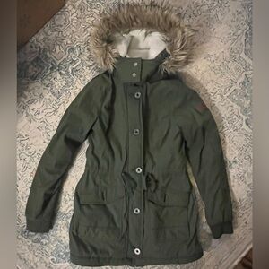 Hollister Olive Green Parka Jacket with Fur Hood SMALL
